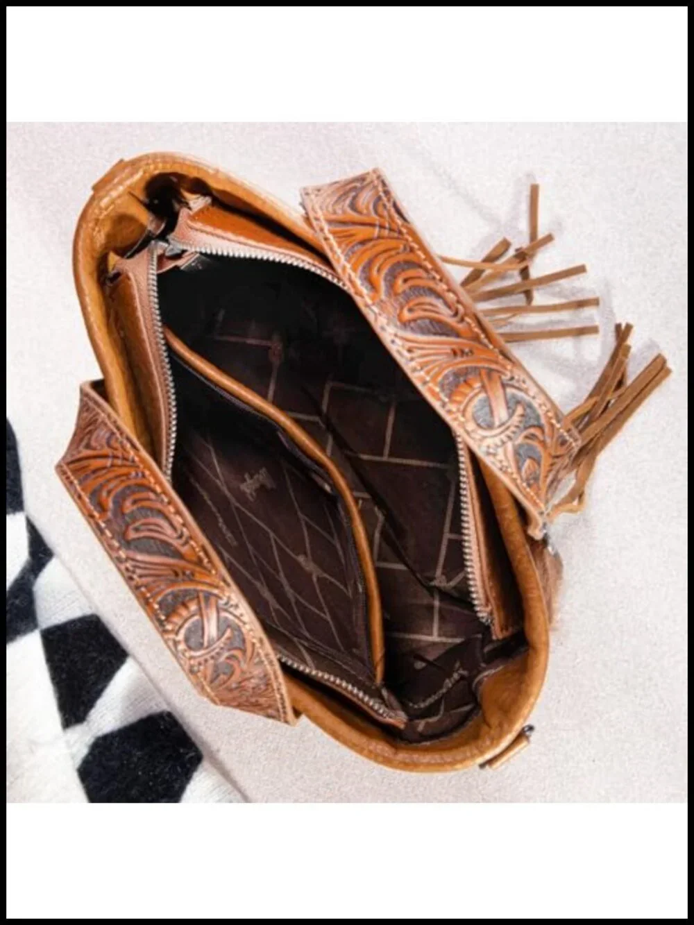 Western Hair-on Cowhide Tote Bag with Turquoise Stone Concho Fringing Tooling